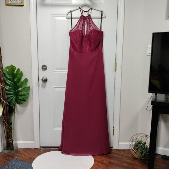 Hayley Paige "5857 - Burgundy" Lace Chiffon Burgundy Dress  12 - Picture 2 of 15